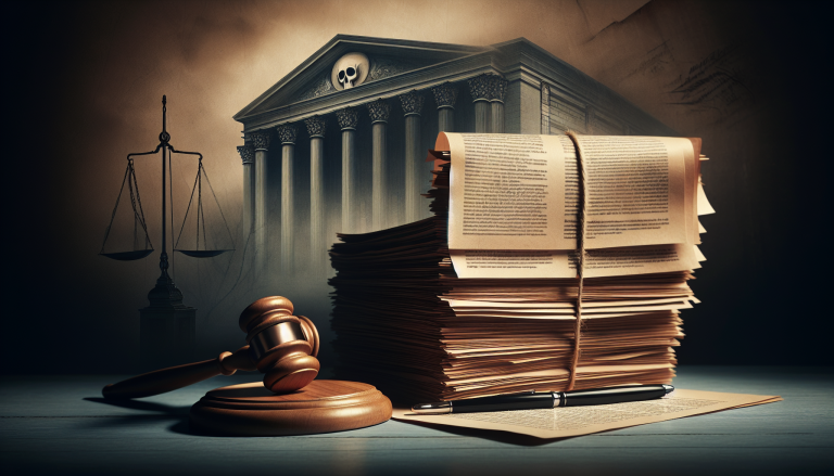 A drawing of legal documents and a gavel, symbolizing the review of death disclosure laws.