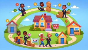 A cartoon showing the steps involved in selling a house in a trust after death.