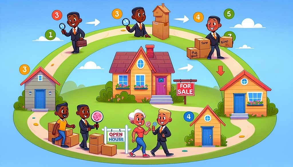 A cartoon showing the steps involved in selling a house in a trust after death.