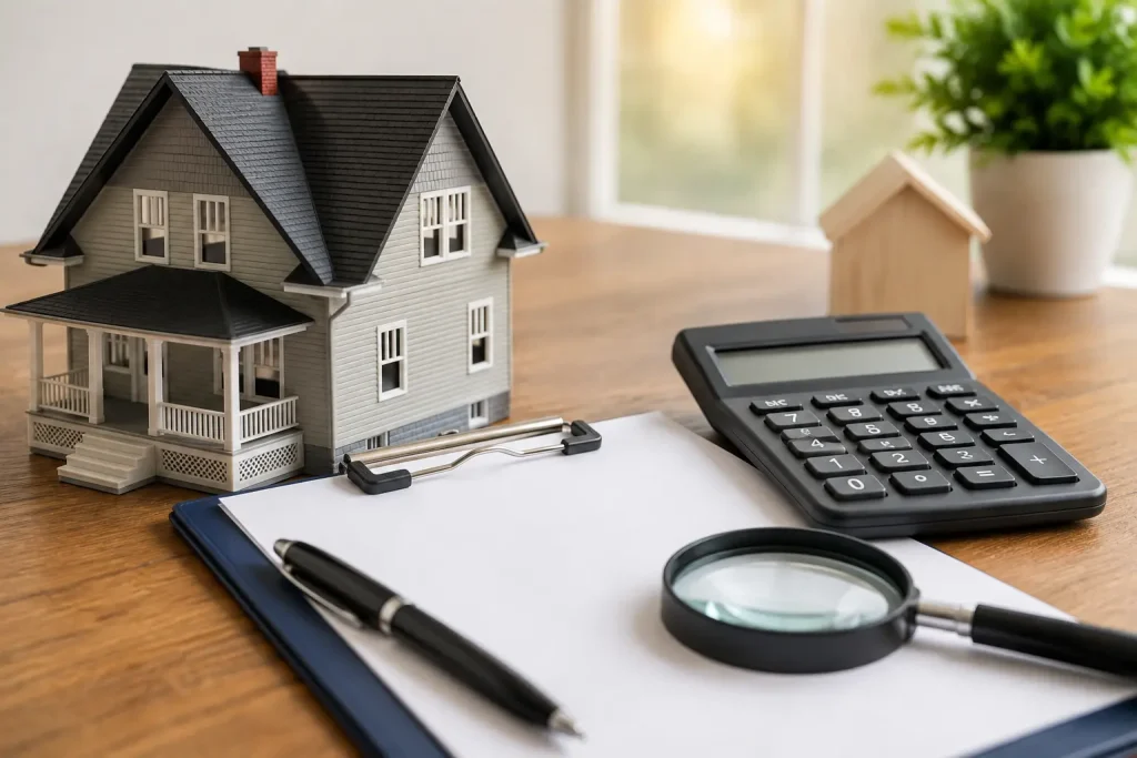 Home appraisal cost in North Carolina represented by a house model, calculator, clipboard, and magnifying glass