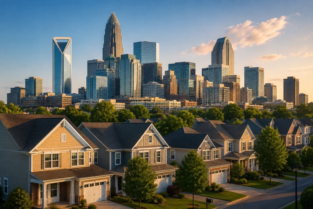 Charlotte NC housing market with suburban homes and downtown skyline
