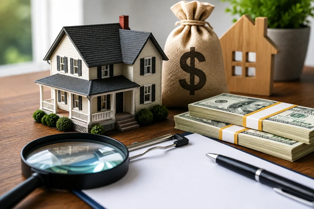 House model with cash bundles and money bag representing cash home buyers in North Carolina