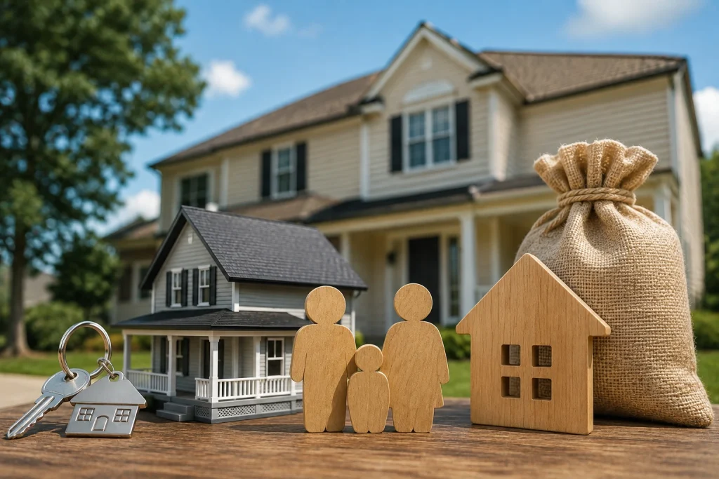 Rental property with tenants represented by a house, family figures, keys, and money bag