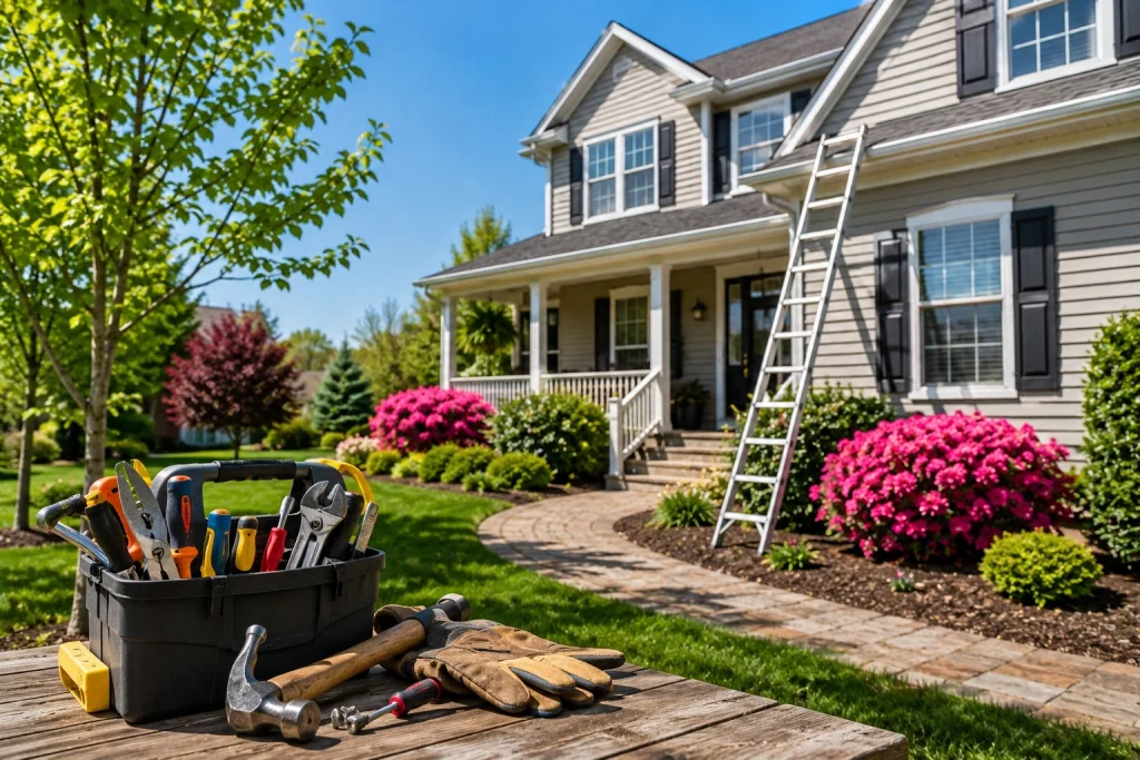 Well-maintained North Carolina suburban home with landscaped yard, maintenance tools, gloves, and ladder, representing seasonal home maintenance and property upkeep.