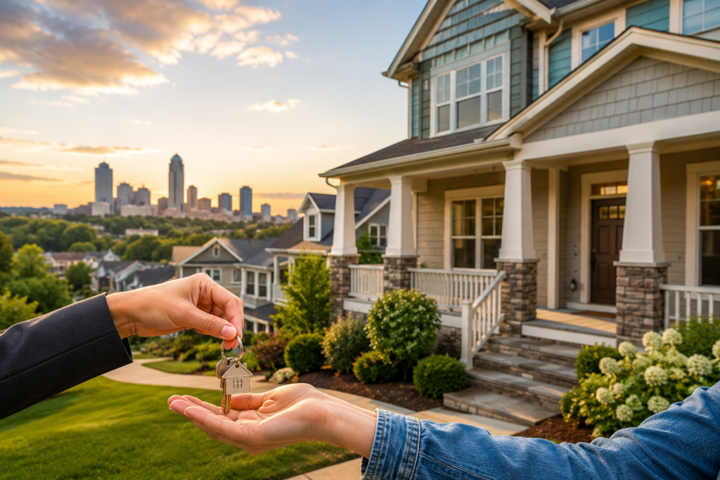 House for sale in North Carolina with home model, keys, and a residential property in the background, representing strategies for selling a house quickly in a buyer's market.