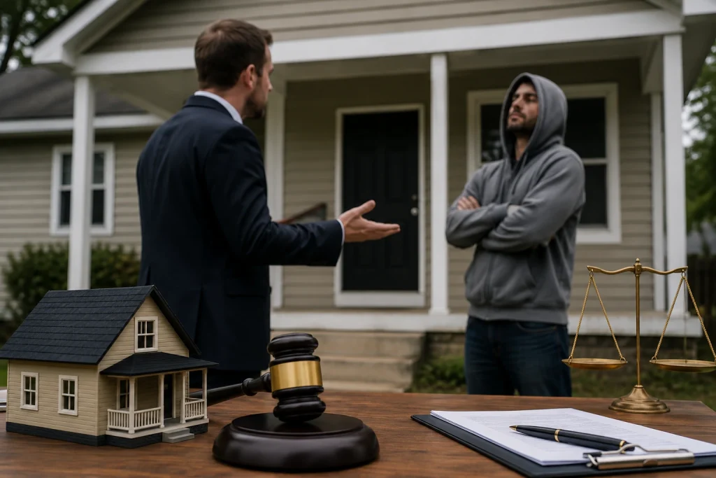 Homeowner dealing with a squatter or holdover tenant outside a residential property in North Carolina.