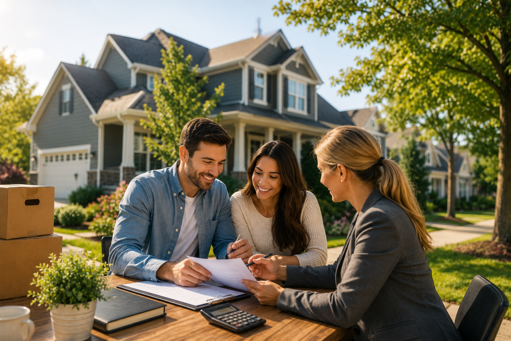 Homebuyers discussing financing options with a real estate agent before selling their existing house in North Carolina.