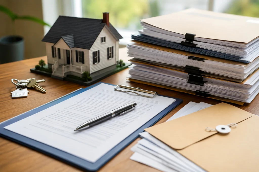 Documents needed to sell a house in North Carolina including property paperwork, house keys, home model, and real estate closing documents on a desk