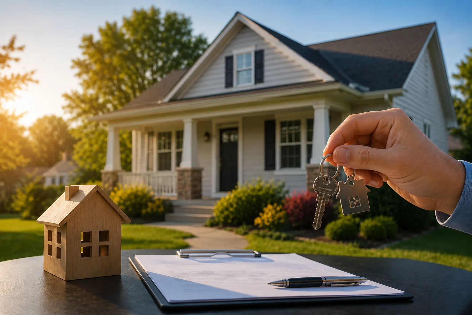 Hand holding house keys in front of a suburban home, with a house model and paperwork on a table