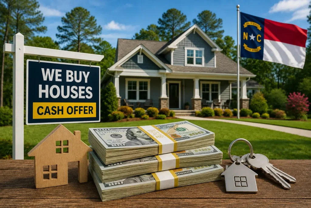 Cash home buyer reviewing a North Carolina house with cash and house keys