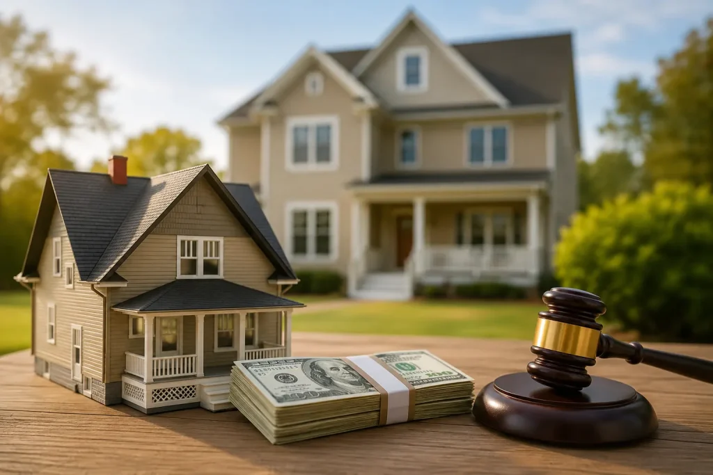 Homeowner avoiding foreclosure by selling a house for cash in North Carolina with a house model, cash, and auction gavel.
