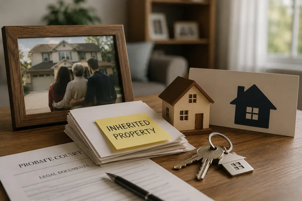 Model house, property documents, house keys, and auction gavel representing the probate process for selling an inherited house fast in North Carolina.